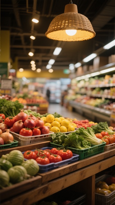 写实风格超市场景，暖黄色调主光源从顶部悬挂的编织灯罩散下，柔和光线照亮丰富蔬果，光影层次分明，阴影细节自然。前景木质货架上整齐码放着鲜红番茄、饱满洋葱、亮黄柠檬，绿色蔬菜置于塑料筐中，各色蔬果色彩鲜亮饱和，表面有自然光泽和新鲜质感。背景可见超市纵深空间，模糊的灯光与货架形成渐变景深，整体氛围温馨热闹，充满生活气息，视觉焦点集中在色彩丰富的蔬果陈列上，构图饱满平衡，展现超市内部琳琅满目的商品和温……预览效果