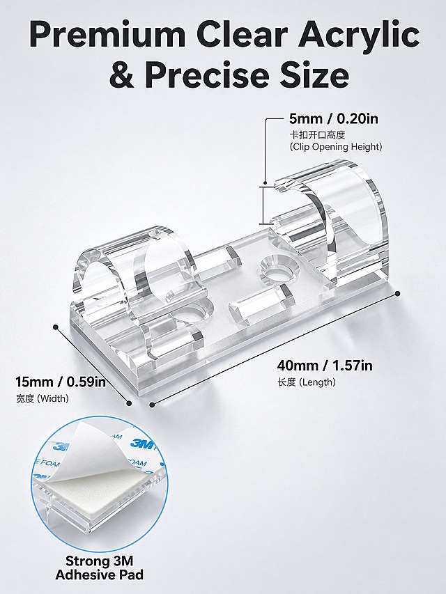 [主图-4] Clear Adhesive Cable Clips 透明自粘理线夹 材质细节与尺寸参数图。
[统一基调] 极简整洁、通透质感、浅灰+原木家居风；标题字色深灰近黑，辅助字色中灰，强调色清透蓝；字体为无衬线粗体，字号层级分明；卡片与图标采用细线圆角风格。
[画面] 浅灰色渐变背景，画面主体为一个放大的透明理线夹特写，呈45°侧视角度，占画面约60%。理线夹展示通透的亚克力材质质感，边缘有清晰的高光折射，体现厚壁与光滑表面。画面右侧有三个尺寸标注引线，分别标注：长度40mm、宽度15mm、卡扣开口高度5mm（同时标注英寸换算：1.57in / 0.59in / 0.20in）。左下角有一个圆形局部放大窗口，展示3M背胶的泡棉材质细节与粘贴面纹理。顶部有大标题。
[光影质感] 商业产品摄影质感，主光侧逆光照射，突出透明材质的边缘高光与通透感；底部有柔和接触阴影；材质细节清晰，亚克力表面光滑无划痕。
[配色] 浅灰色渐变背景，产品无色透明，尺寸标注线为深灰色细线，数字为深灰色粗体；局部放大窗口有清透蓝色细边框。
[文字版式] 顶部大标题："Premium Clear Acrylic & Precise Size"；尺寸标注文字："40mm / 1.57in"、"15mm / 0.59in"、"5mm / 0.20in"；放大窗口下方小字："Strong 3M Adhesive Pad"。文字均为无衬线字体，标注引线清晰不遮挡主体。
[输出要求] 比例3:4，产品细节清晰，尺寸标注准确，透明材质质感真实；禁止变形、错字、模糊、杂乱、水印、平台Logo。