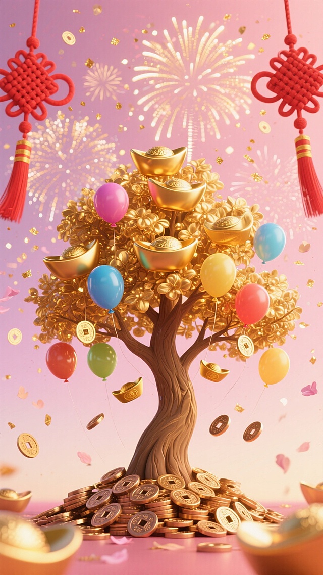 以招财金钱树为核，融灯笼、烟花等吉庆元素，绘财运满溢的新春祥瑞图景