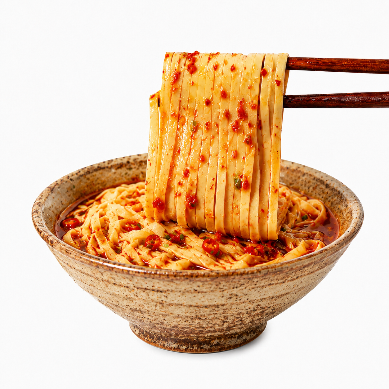 基于参考图生成同款香辣宽面美食图，更换为不同款式的碗（复古粗陶… - 图片创意预览
