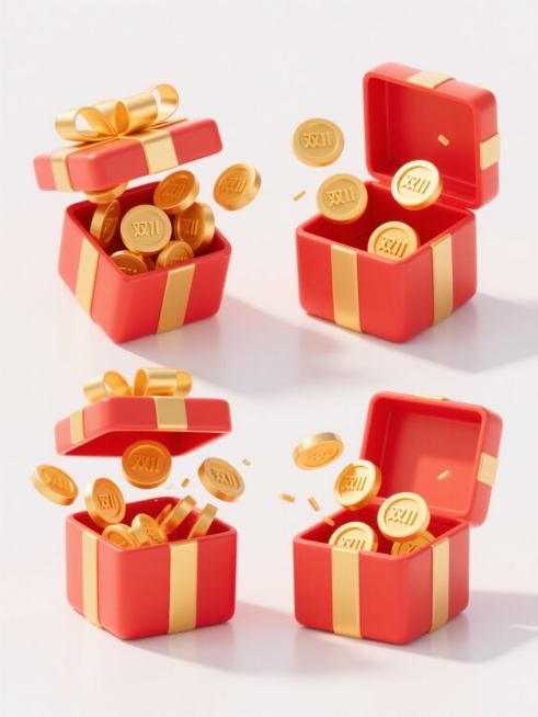 一套4个规整排布的电商促销素材，3D立体风格，主色调为大红色礼盒搭配金黄色金币，高饱和度色彩，明亮光影效果，礼盒带有金色缎带，盒盖打开，金币从盒内涌出，金币为方形孔洞设计，表面带有“双11”字样，整体构图平衡，具有欢快喜庆的促销氛围，适合电商促销活动使用，无文字信息，白色背景。预览效果