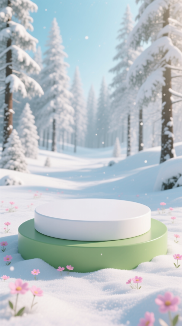 画面主体两层圆形展台（白+暖绿），地面覆盖雪，点缀少量粉色小花，背景是雪景、森林，整体画面明亮通透，3D虚拟自然环境。预览效果
