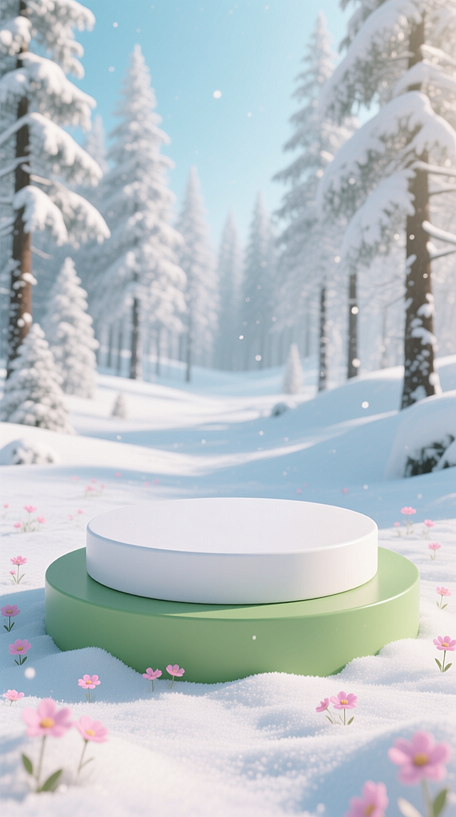 梦幻雪境中，3D简约展台静立，粉色小花点缀，粒子飘落，虚拟自然与清新温馨交融，呈现冬日童话般的柔和美感。