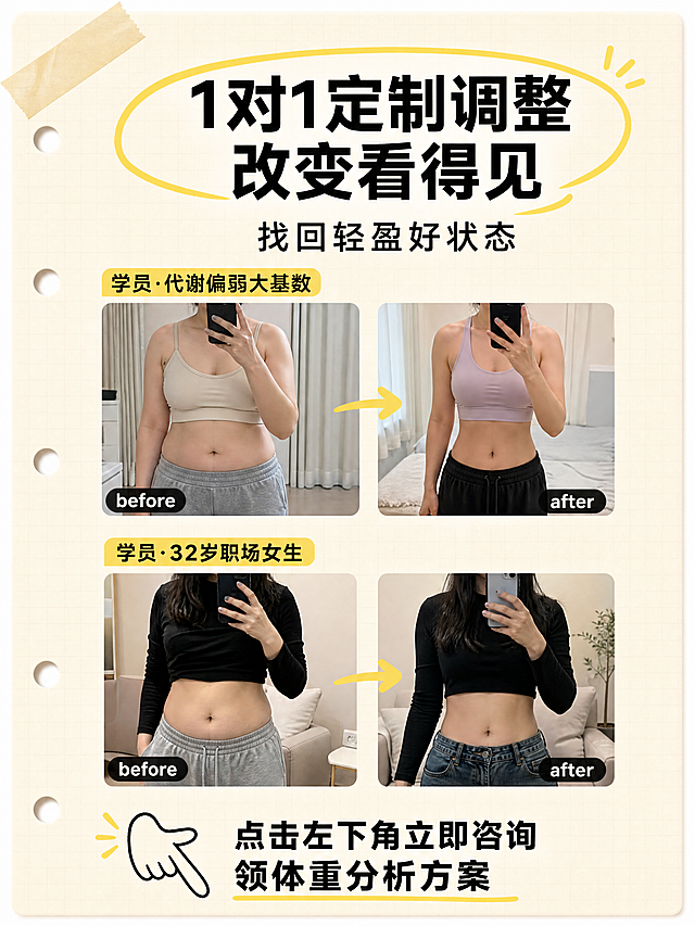 小红书3:4竖版笔记封面，乐享瘦手账种草风，版式精美，小红书笔记封面质感，适合信息流点击。暖米白色活页笔记本纸张基底，带极细腻浅格纹肌理，左侧竖向均匀分布4个圆形装订孔洞，左上角固定半透明米黄色胶带贴纸。全局无衬线黑体，色彩严格匹配手账种草风指定色值。顶部居中一级大标题，外围套柠檬黄手绘椭圆圈注，内容为「1对1定制调整 改变看得见」；下方黑色副标题：「找回轻盈好状态」。中部上下排布2组用户前后对比图，每组左before右after，均为真实居家自拍风格，原生无过度精修：第一组标注「学员·代谢偏弱大基数」，前后对比腰腹维度变化；第二组标注「学员·32岁职场女生」，配黄色箭头衔接前后状态。底部固定转化引导区：左侧配手绘向下指的手指图标，右侧加粗黑色文字：「点击左下角立即咨询 领体重分析方案」。整体真实接地气，强化代入感。无二维码无导流占位。4K高清，文字完整处于安全区内不可裁切，四周留安全边距。