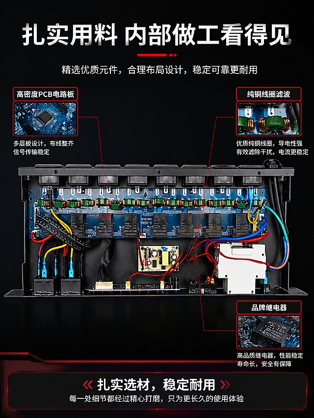 使用商品详情页技能根据商品图「图片1」「图片1」生成详情页，参考图为，商品名称为电源时序器，卖点为电源时序器功能介绍 电源时序器，简单说就是给多台设备按顺序开关电源的智能排插，主要用在音响、舞台、会议室、机房等场景，防止多设备同时上电造成电流冲击、跳闸或损坏设备。  一、核心基础功能 顺序开机 / 逆序关机 开机：按设定好的顺序依次给设备供电（比如先开功放→再开调音台→最后开效果器） 时序器顺序：后面第1-4路接调音台/效果器/均衡器/其他设备，第5路接麦克风，第6-8路接功放 关机：自动反过来断电，避免功放先断电产生冲击噪声 延时控制 每一路电源之间1秒延时，避免多设备同时启动产生大电流，保护空开和设备。 多路电源输出 后面8 路 +前面2路直通/ 万能插座，可同时控制多台设备。  时序器上面的空开作用 1、总电源保护 作为总进线断路器，控制整台电源时序器的总电源通断。 2、过载保护 后端设备功率超负荷、用电过大时，空开自动跳闸，切断电源，防止线路发热、起火。 3、短路保护 设备短路、线路碰线瞬间，空开立刻断电，烧坏设备、避免火灾。 4、隔离检修、安全断电 维修、插拔设备、清理机柜时，直接拉下空开整体断电，安全操作，不用拔总插头。 5、替代保险丝，更耐用 老式用保险丝，容易烧断； 时序空开可重复合闸使用，故障排除后直接推上即可。  二、常用扩展功能 总电源开关：一键控制所有输出，方便整体开关机 独立单路控制：可单独手动开启 / 关闭某一路电源 电压显示：实时显示输入电压，监测供电是否稳定 过流 / 过载 / 短路保护：电流异常自动保护，防止烧设备、跳闸  三、主要作用 避免多设备同时启动导致跳闸、烧保险 保护功放、音箱等设备，减少电流冲击损坏 简化操作，一键开关机，不用逐个插拔电源 机房、音响系统、监控设备集中供电管理  四、典型使用场景 专业音响、KTV、舞台演出设备、家庭 会议室音视频系统 监控机房、服务器机柜供电 多媒体教室、展厅设备供电  时序器功能：防止冲击噪音，规范开关顺序，先开音源 / 前级，后开功放；关机反向操作，更好保护音响设备  时序器是电力监测与保护：部分带电压 / 电流监测、过欠压保护、过载保护、防雷滤波，进一步保障用电安全  电源时序器的滤波作用核心是净化供电，抑制电网噪声、尖峰与浪涌，保障设备稳定运行并提升信号质量。  电源时序器就是： 自带定时开关的一排电子开关 不让所有设备一下子全通电， 排队一个个慢慢上电、慢慢断电， 保护音响、功放、整套设备不被电流烧坏。 专业级别大功率电源控制时序器 后8路每一路承受4000瓦的功率。，适配平台为京东，图片比例为3:4，需求屏数为8张，