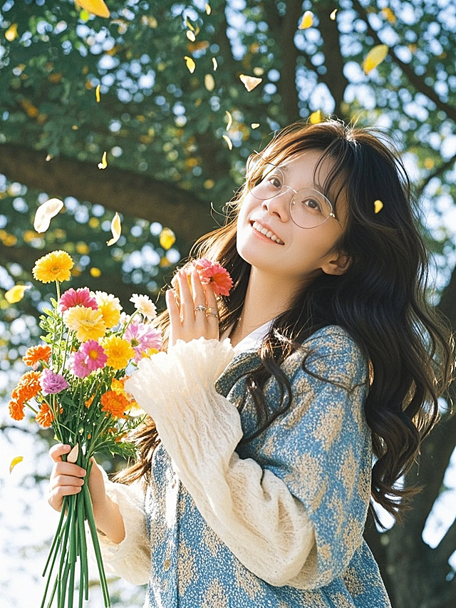 清新唯美的春日写真，柔光洒落，花瓣飘飞，油画风与水彩感交融，文艺浪漫中透出舒适实景感，光影交织间尽显温柔诗意。