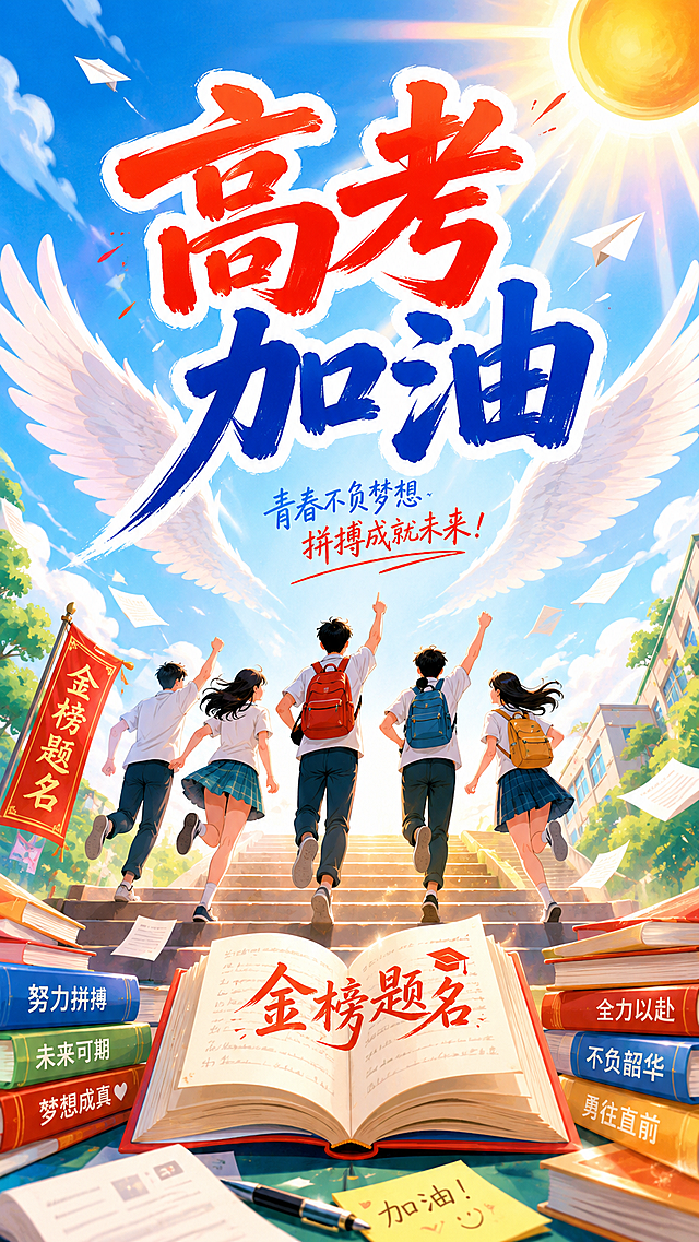 高考海报，明亮活泼生动自然，充满乐观积极向上的氛围，包含金榜题名、加油鼓励的设计元素，整体色调清新明快，画面中有书本、翅膀、太阳和青春学生元素，添加醒目的主题文字"高考加油"