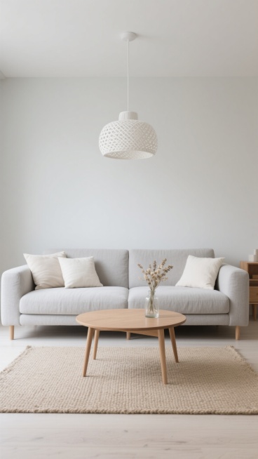 极简风装修室内场景，浅灰色布艺沙发配米白色靠垫，原木色细腿小茶几上放着插有干花的透明玻璃瓶，沙发前铺着米色编织地毯，浅灰色墙壁悬挂白色编织纹理吊灯，整体以浅灰、米白、原木色为主色调，光线柔和明亮，空间宽敞留白，线条简洁流畅，材质注重自然质感，营造宁静、舒适、简约的居住氛围，无任何多余装饰元素。预览效果