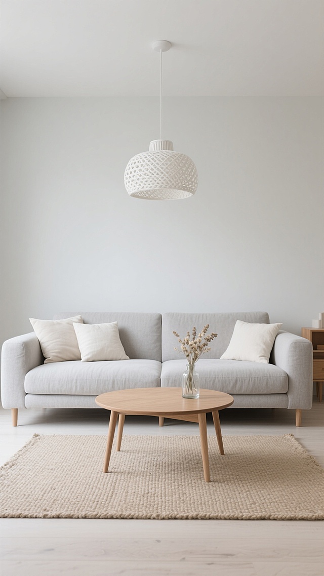 极简风装修室内场景，浅灰色布艺沙发配米白色靠垫，原木色细腿小茶几上放着插有干花的透明玻璃瓶，沙发前铺着米色编织地毯，浅灰色墙壁悬挂白色编织纹理吊灯，整体以浅灰、米白、原木色为主色调，光线柔和明亮，空间宽敞留白，线条简洁流畅，材质注重自然质感，营造宁静、舒适、简约的居住氛围，无任何多余装饰元素。