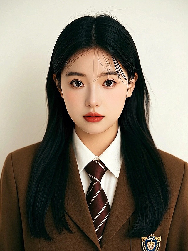 一个女生，棕色校服，韩系千金妆，白色背景