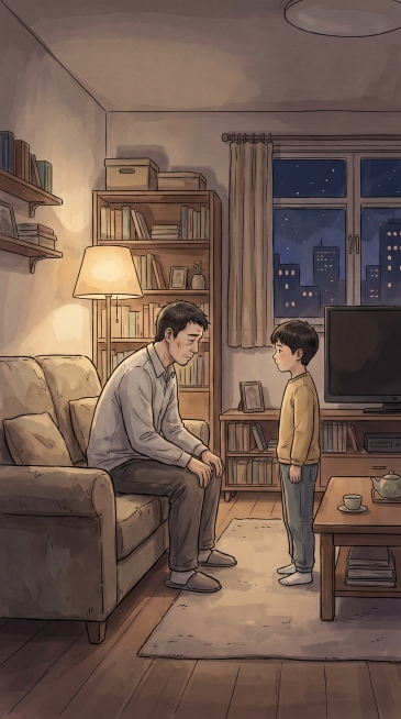 竖屏9:16，治愈系漫画插画风，普通中国家庭夜晚客厅场景，35-42岁普通上班族爸爸刚回家坐在沙发边，神情疲惫克制，9-11岁男孩站在一旁安静看着爸爸，父子之间有一点距离感，低饱和室内光，轻微阴影，氛预览效果