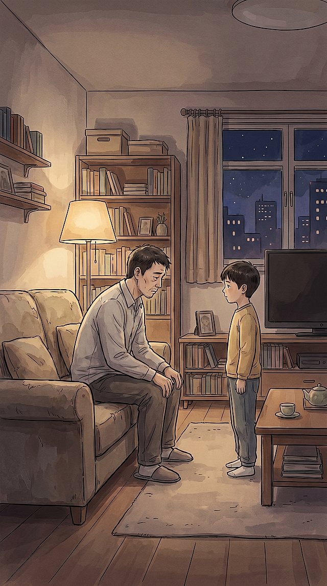 竖屏9:16，治愈系漫画插画风，普通中国家庭夜晚客厅场景，35-42岁普通上班族爸爸刚回家坐在沙发边，神情疲惫克制，9-11岁男孩站在一旁安静看着爸爸，父子之间有一点距离感，低饱和室内光，轻微阴影，氛围克制压抑但不恐怖，侧面中景构图，画面干净，有故事感，适合家庭教育短视频，不要文字，不要logo，不要水印，不要真人照片感，不要夸张表情，不要恐怖氛围，不要杂乱背景