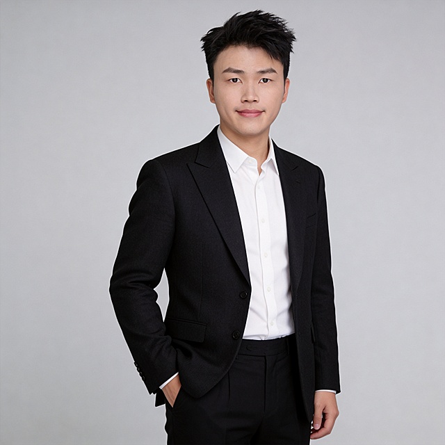 参考图中保留人物脸型、发型、年龄等特征生成职场形象照,标准焦段50mm,f/4光圈(f/2.8-f/4区间),平视视角(镜头与人物视线齐平);人物占画面70%,人物居中(居中构图),位于画面中心,为视觉聚焦点,入境范围头部及以下至臀部下方10cm(半身像);左右留少量背景空间;头部与画面顶部保留5%空间;头部发型完整,头肩比例协调,人物结构准确;发质微微柔顺，微微蓬松。身穿深黑色精纺羊毛混纺西装外套,(平驳领设计,面料呈细腻微微哑光质感);内搭白色衬衫;下装深黑色精纺羊毛混纺西裤;着装正式干练;专业稳重;身形匀称,姿态端正,身体挺拔。呈左手插兜的自然姿态，肢体放松且自信;简约微微中度灰色纯色背景(呈现均匀柔和质感),背景光线均匀柔和,强化色彩对比的高级感。极简干净;32k画质超高分辨率、细节清晰,现代精致感风格;肤质精细化处理;眼神直视镜头,目光坚定且澄澈,表情自然。嘴角上扬;肌肤白皙透亮,柔光提亮,细腻无瑕,通透高级干净清透肤质,肤色均匀,柔光美白细腻陶瓷肌肤,自然提亮,光影柔和通透水光肌,肤质细腻平滑干净哑光肤质,无油光无暗沉,肤色均匀提亮;杰作,最佳画质,超高细节,写实摄影,中近景人像,面部清晰,五官精致,皮肤细腻通透,白皙清透皮肤,干净肤色,健康肤色,无蜡黄,无暗沉,无黄皮,柔光,正面补光,面部光线均匀明亮,无浓重阴影,冷色调白平衡,画面干净清新,色调明亮,对焦清晰,肤质细腻,高清皮肤细节;面部光比1:1.5,4800K中性光,微微修饰脸型,肤质哑光细腻,面部雾面柔光,轻透裸肌感,真实毛孔纹理;分辨率4K,去除人物之外的所有元素。严格按照图片内容生成。