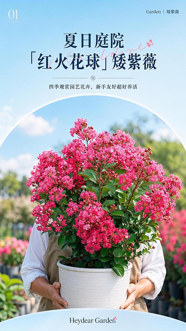 [第1屏] 详情页首屏主视觉大图，商品为玫红色矮紫薇园艺花卉。本屏使用【图1】作为商品主体参考。
[氛围/风格] 清新治愈花园风，浅蓝渐变背景，柔和自然光，商业园艺摄影质感。
[元素布局] 采用拱形留白构图，花农手持满枝玫红色矮紫薇大花簇作为画面主体，占比约70%，背景为露天苗木基地蓝天绿植，保留矮紫薇花型、颜色、枝干形态与输入产品图一致，画面简洁透气，符合清新治愈的调性。
[光影质感] 柔和自然侧光，背景蓝天绿植模糊虚化，突出前景花簇，明暗层次清晰，整体氛围清新通透。
[配色色系] 全局浅蓝渐变底色，主色为玫红色花簇，辅助色为绿色叶片和蓝天，整体配色干净清新。
[视角构图] 正面平视视角，浅景深突出主体，阅读动线从上到下：顶部标题 → 中间主体花簇 → 底部落款。
[文字版式] 顶部大标题「夏日庭院「红火花球」矮紫薇」，副标题「四季观赏园艺花卉，新手友好超好养活」，底部英文落款「Heydear Garden」，左上角数字分栏标注「01」，右上角英文小字落款「Garden | 矮紫薇」，文字排版简约，不遮挡主体花簇。
[比例分辨率] 9:16竖版比例，4K分辨率，文字清晰可辨，高清画质。
[负向提示词] 花型变形，颜色偏差，文字错乱，文字过小，水印，背景杂乱，产品模糊