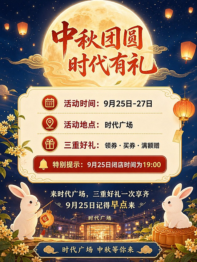 [商品] 无实物商品，为时代广场中秋活动宣传长图第6张（尾图：信息汇总+行动号召）。
[画面] 页面目标：汇总活动信息，再次提醒闭店时间，发出到店邀请，收尾呼应中秋主题。构图：竖版上下结构，上方一轮明月（与头图呼应），中部为活动信息汇总卡片，底部为行动号召与品牌落款。主体占比：信息汇总+月亮约占画面70%。景别：中远景月亮+近景信息卡。阅读动线：从月亮到信息汇总再到底部号召。前中后景：深蓝夜空渐变+孔明灯/星光（后）、大满月+云纹（中）、信息卡片+玉兔/桂花枝装饰（前）。
[视觉] 套系策略：风格=新中式国潮商业插画，温馨喜庆中秋氛围；标题字=书法宋体粗体，带毛笔笔锋；正文字=简洁无衬线圆体；主色=朱砂红+暖金+深蓝夜空；背景延展=基于深蓝夜空做渐变层次，点缀暖金色星光、孔明灯飘飞、云纹；强调色=暖金色，仅用于月亮光晕、标题描边、图标、分割线；标题色=朱砂红+暖金渐变；正文色=米白色；组件=圆角云纹信息卡、金色细线分割、中式灯笼/玉兔/桂花装饰；光影=月光自上而下暖柔光，与头图光影方向一致，整体通透温暖。
[文字] 上部主标题"中秋团圆 时代有礼"，中部信息汇总卡含"活动时间：9月25日-27日""活动地点：时代广场""三重好礼：领券·买券·满额赠"，醒目提醒"特别提示：9月25日闭店时间为19:00"。底部行动号召"来时代广场，三重好礼一次享齐""9月25日记得早点来"，最底部"时代广场 中秋等你来"。所有文字横排，与头图首尾呼应。
[规格] 图片比例3:4竖版（小红书封面尺寸），分辨率4K，负向提示：避免变形、错字、文字过小、冷灰色调、现代极简风格、竖排文字。