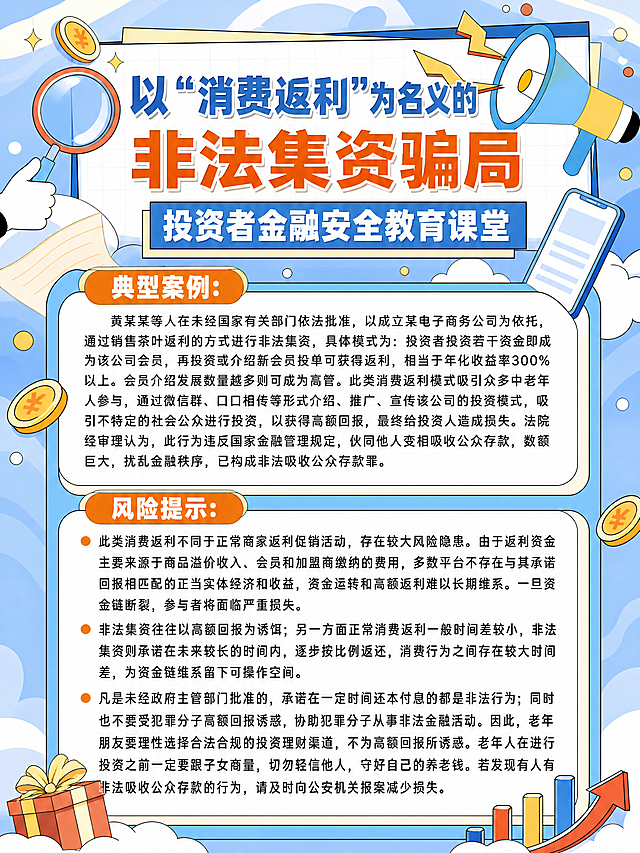 扁平插画风金融反诈宣传海报，沿用参考图版式骨架、浅蓝撞色设计和卡通装饰元素，整体尺寸比例3:4。顶栏放置大标题"以'消费返利'为名义的非法集资骗局"，副标题为"投资者金融安全教育课堂"。内容区域分两个板块：第一个板块标题为"典型案例:"，内容为黄某某等人在未经国家有关部门依法批准，以成立某电子商务公司为依托，通过销售茶叶返利的方式进行非法集资，具体模式为：投资者投资若干资金即成为该公司会员，再投资或介绍新会员投单可获得返利，相当于年化收益率300%以上。会员介绍发展数量越多则可成为高管。此类消费返利模式吸引众多中老年人参与，通过微信群、口口相传等形式介绍、推广、宣传该公司的投资模式，吸引不特定的社会公众进行投资，以获得高额回报，最终给投资人造成损失。法院经审理认为，此行为违反国家金融管理规定，伙同他人变相吸收公众存款，数额巨大，扰乱金融秩序，已构成非法吸收公众存款罪。第二个板块标题为"风险提示:"，内容为此类消费返利不同于正常商家返利促销活动，存在较大风险隐患。由于返利资金主要来源于商品溢价收入、会员和加盟商缴纳的费用，多数平台不存在与其承诺回报相匹配的正当实体经济和收益，资金运转和高额返利难以长期维系。一旦资金链断裂，参与者将面临严重损失。非法集资往往以高额回报为诱饵；另一方面正常消费返利一般时间差较小，非法集资则承诺在未来较长的时间内，逐步按比例返还，消费行为之间存在较大时间差，为资金链维系留下可操作空间。凡是未经政府主管部门批准的，承诺在一定时间还本付息的都是非法行为；同时也不要受犯罪分子高额回报诱惑，协助犯罪分子从事非法金融活动。因此，老年朋友要理性选择合法合规的投资理财渠道，不为高额回报所诱惑。老年人在进行投资之前一定要跟子女商量，切勿轻信他人，守好自己的养老钱。若发现有人有非法吸收公众存款的行为，请及时向公安机关报案减少损失。保留所有文字清晰可读，排版分区合理，版式精美，装饰元素与参考图风格一致，不添加多余无关内容，所有文字均完整呈现。