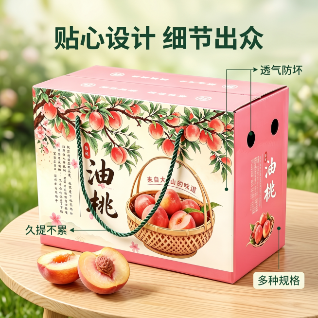[主图 2] 高端油桃礼盒核心优势展示，突出产品功能卖点。
[氛围风格] 温馨舒适田园治愈风
[画质] 商业摄影质感、光线柔和通透、产品清晰真实、画面干净高级。
[元素] 油桃礼盒侧放在原木桌面上，特预览效果