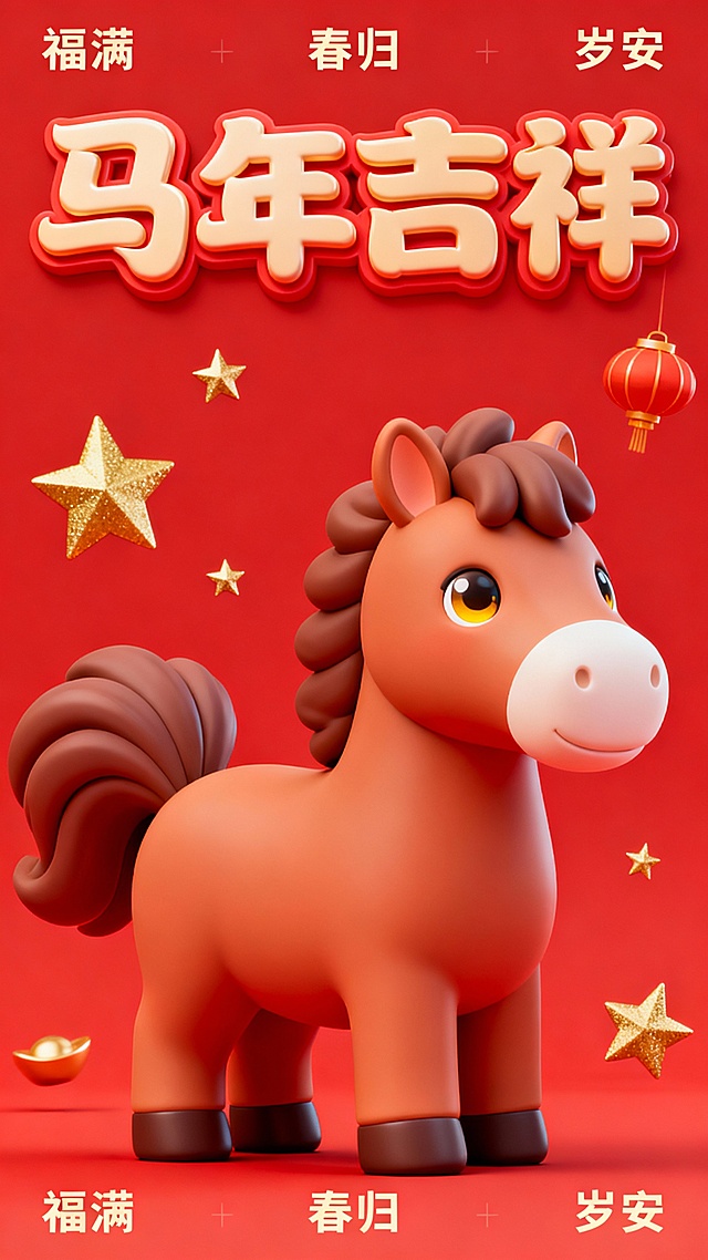 3D卡通马年新春祝福海报1