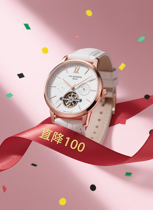 3D重拟物风格，金属鎏金质感腕表搭配喜庆红丝带，点缀缤纷彩纸，融合优雅与时尚，营造节日促销氛围。