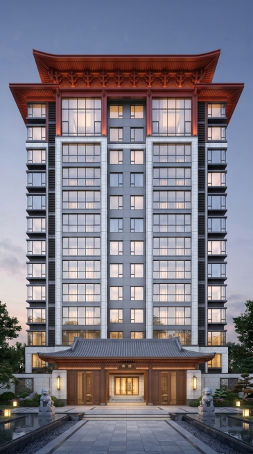 将建筑改为正视图角度，在正面添加入户大堂，设计参考第二张参考图的中式入户大堂样式，保留13层结构、红色东方飞檐以及大玻璃立面设计预览效果