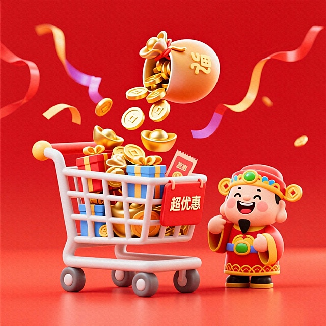 画面上方，一个福袋正倒出大量金币、金元宝，落入下方的购物车中，购物车里装满礼盒、金币、金元宝、优惠券，购物车侧面还挂着写有“超优惠”的红色标牌，中国红背景。上边飘彩带，边上还站着一们财神爷，笑脸面对我们，十分萌。