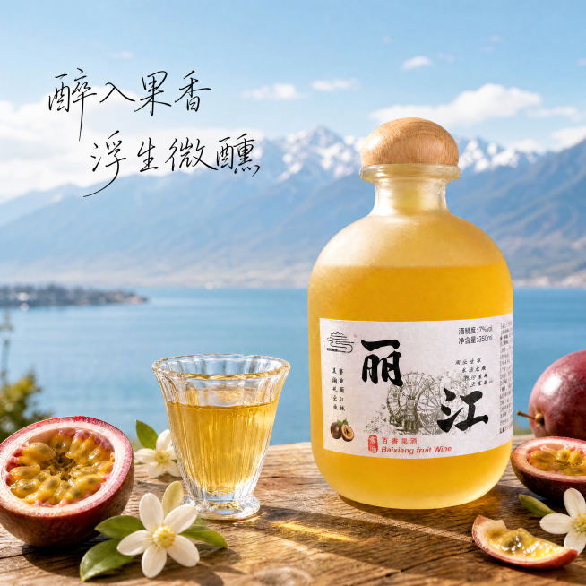 基于原图修改，将文案"醉入果香 浮生微醺"调整到画面左上角位置，字体改为纤细的黑色手写细书法字，保持柔和不抢眼；保持1:1比例不变，保持酒瓶、酒杯、百香果、橙花、湖边桌台、虚化雪山蓝天背景等所有其他内预览效果