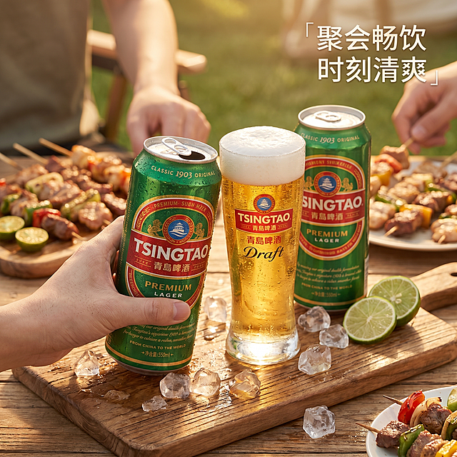 [主图 4] 青岛啤酒场景体验代入主图
[氛围风格] 生活化休闲氛围感，真实自然
[画质] 商业摄影质感、光线柔和通透、产品清晰真实、画面干净高级
[元素] 第一人称视角，桌面野餐场景，冰镇青岛啤酒罐打开，倒满冰啤酒的玻璃杯放在木质野餐板上，周围搭配烧烤串和青柠切片，冰块散落周围，整体氛围轻松休闲，朋友小聚用餐场景。保持青岛啤酒产品外观即物理结构、材质质感、颜色与输入产品图绝对一致，杜绝任何变形和色差，精细化处理。商品主体占比严格控制在 60%-70%，画面满屏无边框。
[光影] 傍晚户外自然光，柔和暖调，啤酒罐带冷凝水珠，整体光影通透凉爽，突出夏日冰饮体验感
[配色] 绿色罐体搭配金黄酒液，木材浅棕，青柠绿色，自然休闲配色
[视角构图] 第一人称俯视角，模拟手持拍摄，前景产品背景虚化，带入感强
[文字版式] 右上浅色字标注「聚会畅饮 时刻清爽」，文字存在感低不抢主体
[比例分辨率] 1:1 比例，2k 分辨率，文字清晰可辨，超高清
[负向提示词] 变形，水印，文字错乱，产品图模糊，背景杂乱，牛皮癣，配色刺眼，遮挡主体