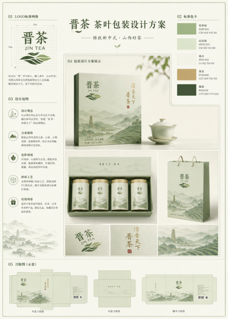 按照参考模板排版A3尺寸晋茶茶叶包装设计方案，包含左上角晋茶logo标准网格，右上角标准色卡，左侧设计说明，中间设计方案，右下角刀版图，整体为雅致新中式风格，浅绿素雅配色，排版整齐清晰预览效果
