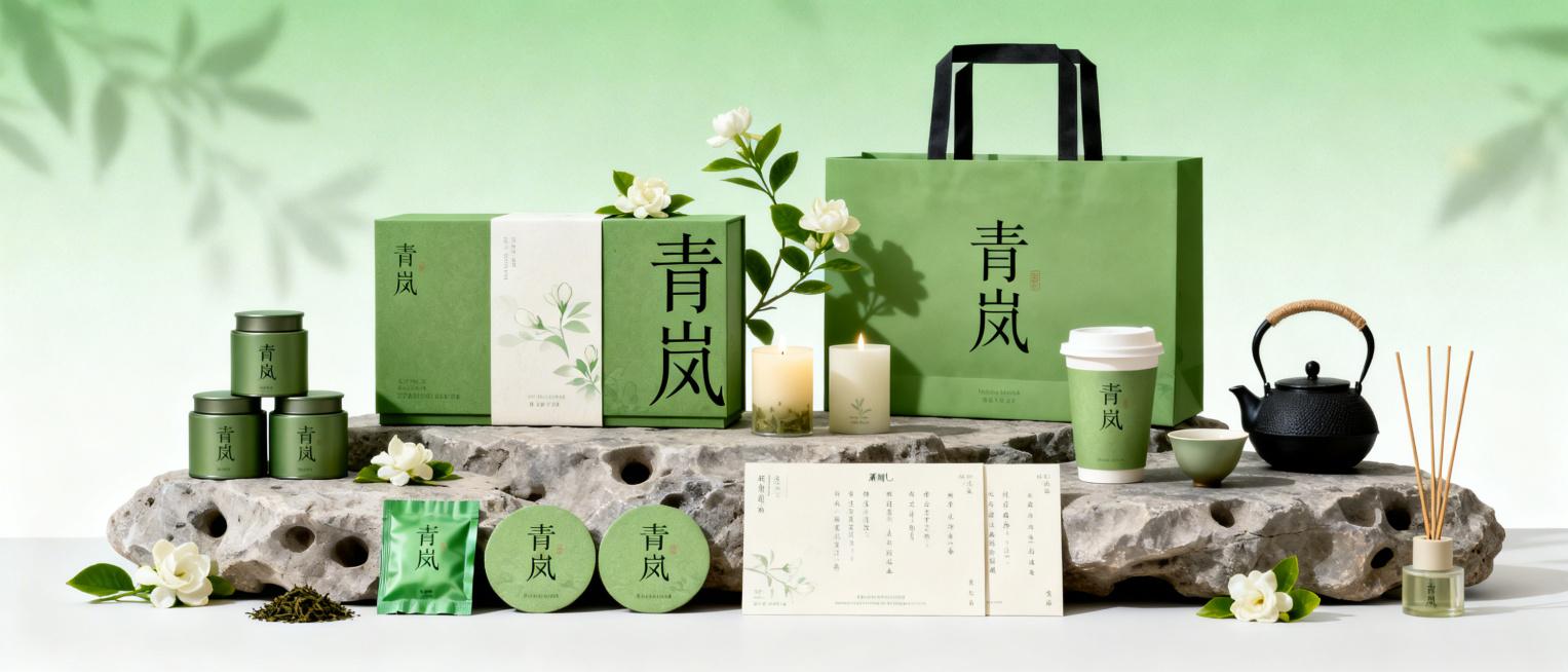 青岚品牌整批物料陈列展示，东方韵味，绿色弥散渐变背景，中式茶韵味，极简风格，绿色为主色调，“青岚”采用精致复古宋体字的笔画装饰，将茶叶礼盒、茶叶罐、茶包，纸杯、手提袋、杯垫、卡片、菜单、香薰蜡烛、线香预览效果