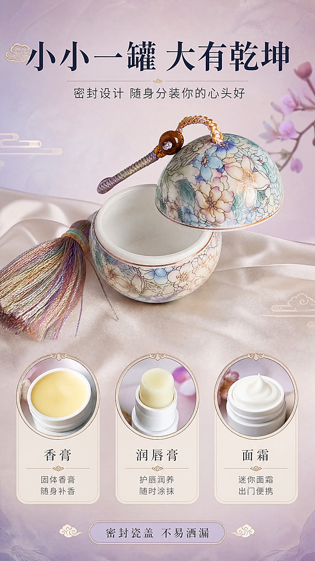 [商品] 使用【图1】景德镇手绘万花陶瓷香囊吊坠罐；保留球形罐体、手绘万花纹样、流苏挂绳；展示罐体上下开合的内部结构；商品处理：保留全部外观纹样和颜色，展示开盖状态，内部干净洁白瓷面，体现分装功能。
[画面] 页面目标：功能演示，展示分装罐的开合结构和内部容量。构图：上下结构，上方一个开盖的陶瓷罐主体展示内部，下方三个小圆图标分别展示三种分装内容。主体占画面50%。景别：中景。主体角度：罐体半开盖，上盖微微倾斜悬于上方，能同时看到外部花纹和内部瓷面。前中后景：前景浅米色丝绸衬布，中景开盖陶瓷罐，后景渐变粉紫背景。阅读动线：顶部标题→中部开盖主体→底部三个功能图标。
[视觉] 套系策略：风格=国风雅致新中式商业摄影；标题字=宋体衬线粗体；正文字=简洁无衬线体；主色=莫兰迪粉紫蓝；背景延展=基于粉紫蓝做深浅层级、同色渐变和宣纸/大理石质感；强调色=鎏金色，仅用于小面积图标、引线和标签；标题色=深墨蓝；正文色=中暖灰；组件=圆角浅底信息卡、细线引线、中式云纹点缀；光影=左前侧暖柔光，开盖处内部有柔和光线。
[文字] 顶部主标题「小小一罐 大有乾坤」，副标题「密封设计 随身分装你的心头好」；下方三个圆形图标分别配文：「香膏」「润唇膏」「面霜」，每个图标下加一行小字说明：「固体香膏 随身补香」「护唇润养 随时涂抹」「迷你面霜 出门便携」；底部一行提示：「密封瓷盖 不易洒漏」。
[规格] 图片比例9:16竖版，4K分辨率，避免变形、错字、文字过小、冷蓝灰背景、陶瓷颜色改变、内部结构失真。