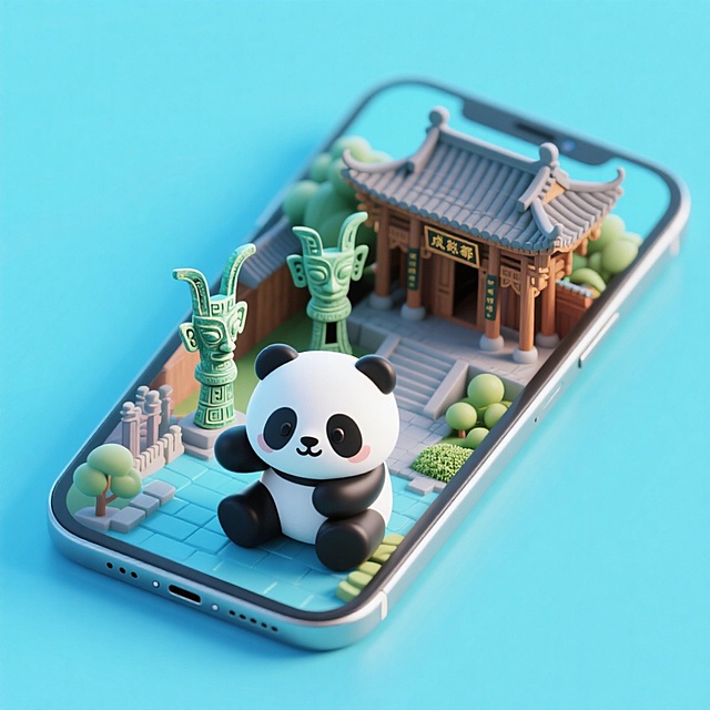 软3D风格的微缩艺术场景，可爱熊猫与中式建筑、青铜器元素结合，呈现卡通感与民族感交融的趣味设计。
