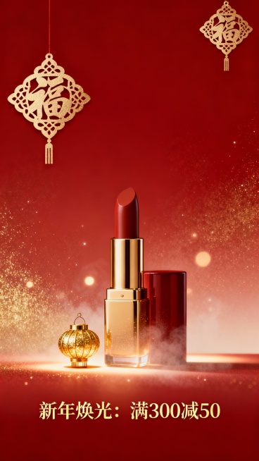 极简风新年化妆品促销海报，高级简约风格，采用哑光红与金属金配色。中央聚焦高端口红或护肤精华瓶身，点缀朦胧微光效果，搭配1-2个精致节日元素（迷你金箔灯笼、缕空「福」字贴饰）。背景铺展柔光红渐变与细腻金预览效果