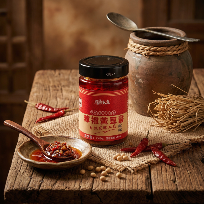 辣椒黄豆酱产品放在老榆木旧桌上，搭配粗麻布、木纹做旧道具，旁边摆放木勺、干辣椒、陶碟、草绳、陶缸和草，暗调暖光，突出酱料红油，整体氛围复古质朴，体现农家手工老味道预览效果