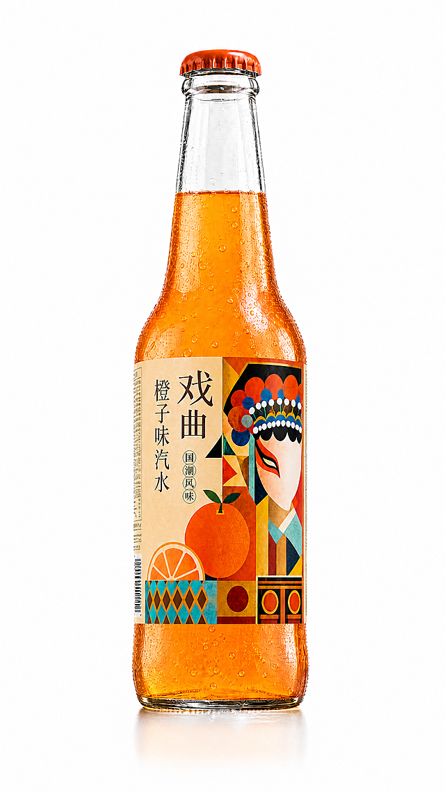 将瓶贴贴到玻璃汽水瓶上，保留瓶贴上原有的所有文字、戏曲脸谱和橙子图案，在瓶贴侧边合适位置添加配料表、产品信息、商标和条形码，整体就是完整的橙子味汽水玻璃瓶产品展示，背景为纯白色，保持清晰干净