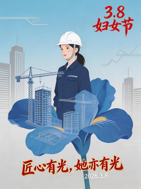 国潮扁平插画风格，一位女工程师戴着安全帽，站在一朵蓝色鸢尾花瓣上，花瓣中是高楼蓝图与塔吊，背景是浅蓝与灰调的渐变，点缀几何线条与建筑剪影，整体干练有力。右上角有红色书法字体文字“3.8 妇女节”。底部预览效果