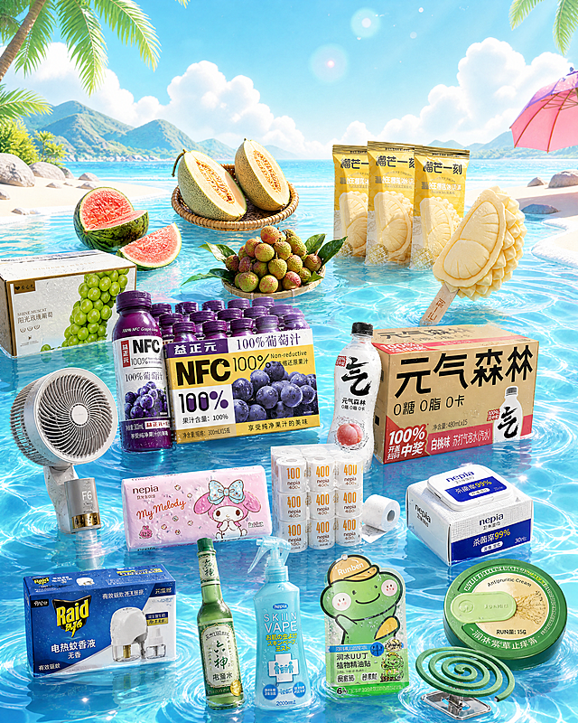 在原图清澈的蓝色海水水面上错落堆放多种夏季商品，包含：榴芒一刻榴莲冰淇淋、西瓜、哈密瓜、阳光玫瑰葡萄、荔枝、NFC葡萄汁、元气森林气泡水、循环风扇、抽纸、卷纸、湿巾、电热蚊香液、花露水、驱蚊喷雾、驱蚊香圈、紫草膏。所有产品都漂浮堆放在浅水区水面上，整体丰富饱满，自然错落摆放，产品之间不穿模不重叠，各自合理分布。每个产品严格参照上传产品图，完整保留所有可见组件、轮廓、结构、比例、材质、颜色与产品本体上的文字信息，与上传图完全一致。自然融入场景光影，与沙滩海水场景共处同一物理空间，保留原图清新明亮的夏日氛围，水面有波光反射，所有产品浮在清澈的水面上，杯壁和包装带有清爽冷凝水珠，体现夏日冰凉感。画面以原图的海水沙滩为基底，保持清新明亮的夏日清爽蓝调，主光为自然光从上方斜照，整体光影明亮通透，色彩清新饱和，呈现丰富满满的夏日商品陈列效果。严格锁定宽高比为 4:5