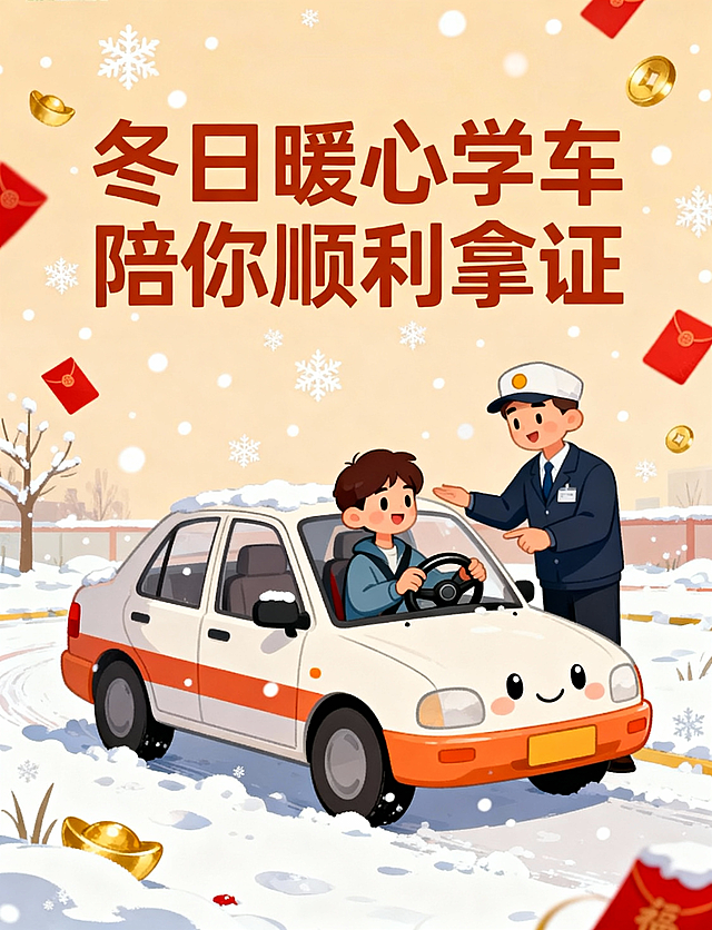 帮我制作一张驾校小车招生宣传海报，以下是设计要求：  1、海报需包含以下文案：冬日暖心学车  陪你顺利拿证  2、海报需要包含：驾校、小车、方向盘等设计元素，尽量用一些卡通的车辆元素代替，或者学员学车场景 3、海报色系符合12月份节气和年底特点  4、海报字体使用阿里巴巴普惠字体，海报图案元素无侵权风险 5、图片尺寸大小：750×980 6、图片无logo