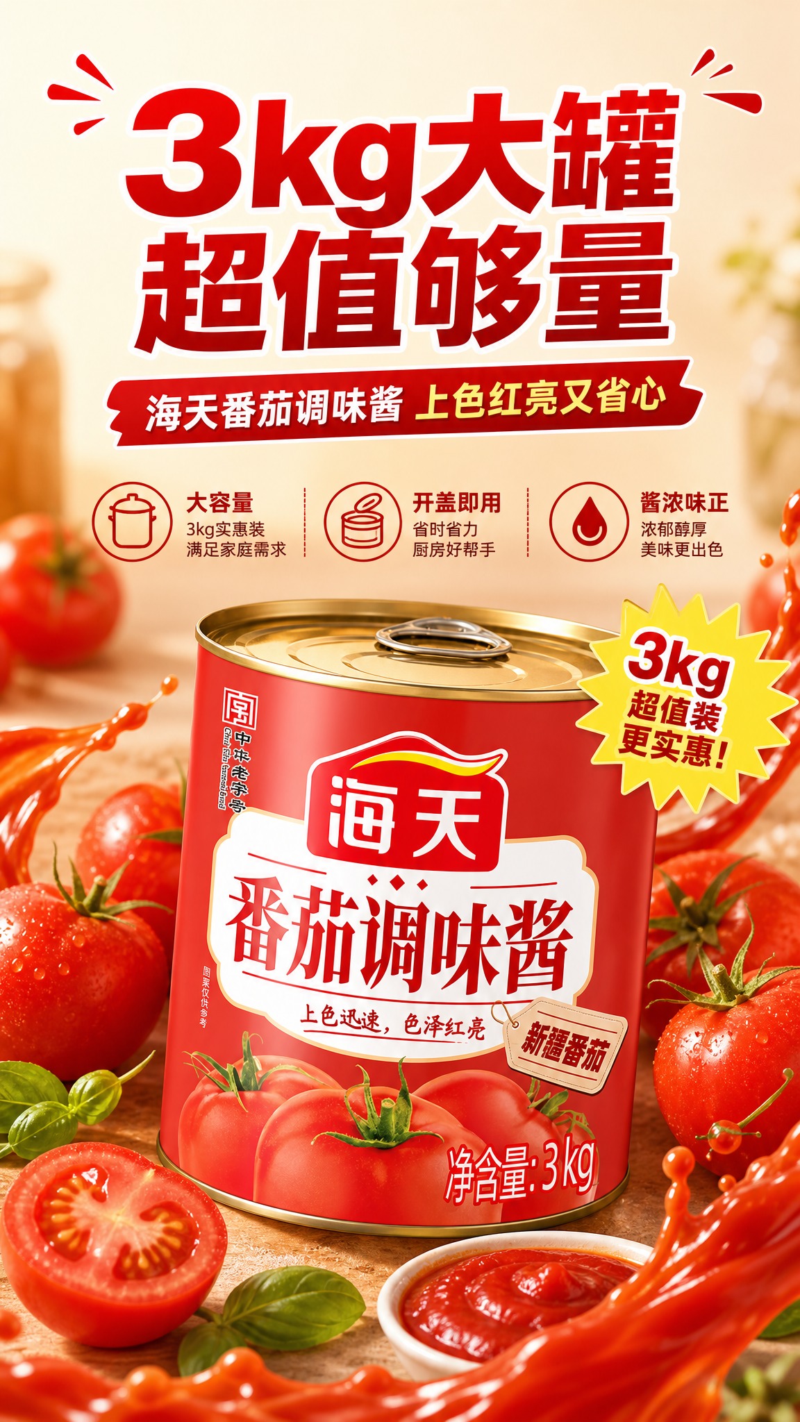 [商品] 使用【图1】海天番茄调味酱3kg大罐装；保留红色罐体… - 图片创意预览
