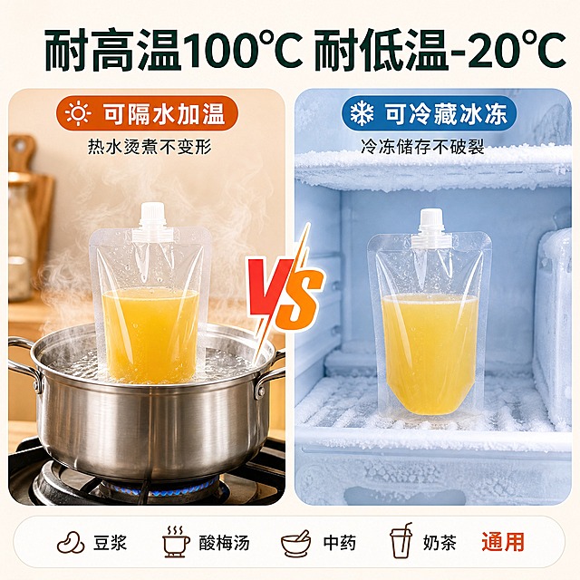 [主图-4] 透明自立吸嘴袋 耐温性能 耐高温耐低温测试展示。
[统一基调] 淘宝天猫专业品质风格，洁净通透，明亮自然光，高亮通透，清爽秩序感，实用主义。背景主色浅米白+浅木色，标题字色深墨绿，辅助字色深灰，强调色橙红，字体为无衬线粗体，字号层级分明，卡片圆角轻阴影样式。
[画面] 画面采用左右对比构图，左侧展示耐高温场景：一只透明自立吸嘴袋放在装有热水的锅中隔水加热，锅内冒着热气，袋身完好不变形；右侧展示耐低温场景：一只透明自立吸嘴袋放在冰箱冷冻层内，周围有冰霜，袋身完好。两只袋子均装有黄色液体，白色旋盖。中间用VS分隔。背景左侧为暖色调厨房场景局部，右侧为冷色调冰箱内部场景。产品外观、形状、直径、透视角度、颜色与输入图完全一致，禁止变形、禁止改变体直径、禁止改变形状、禁止改变透视角度、禁止重新绘制产品、禁止新增产品、禁止减少产品、禁止改变产品颜色。
[光影质感] 商业摄影质感，左侧暖光右侧冷光对比，透明袋身在不同环境下质感真实，蒸汽和冰霜效果自然，整体有说服力。
[配色] 左暖右冷对比色调，深墨绿标题，深灰辅助文字，橙红强调色，整体对比鲜明。
[文字版式] 顶部大标题「耐高温100°C 耐低温-20°C」，左侧标注「可隔水加温 热水烫煮不变形」，右侧标注「可冷藏冰冻 冷冻储存不破裂」，底部补充「豆浆 酸梅汤 中药 奶茶 通用」。
[输出要求] 1:1比例，2048x2048像素，文字清晰可读，产品清晰完整，无变形，无错字，无水印，无平台Logo。禁止产品变形，禁止改变体直径，禁止改变形状，禁止改变透视角度，禁止重新绘制产品，禁止新增产品，禁止减少产品，禁止改变产品颜色。