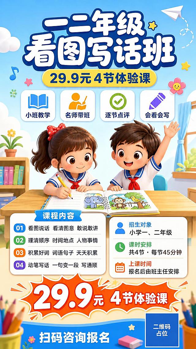 局部编辑：去掉画面左上角那个带笑脸的黄色太阳图案，移除后该区域用与周围一致的浅蓝到米白渐变天空自然延展补全，保持干净整洁，不要出现色块杂乱或修补痕迹。

严格保持画面其余所有内容完全不变：标题「一二年级看图写话班」、副标题「29.9元4节体验课」、四个亮点标签、课程内容卡片、招生对象与课时卡片、价格区「29.9元 4节体验课」、底部「扫码咨询报名」与二维码占位方块，以及主体人物、书桌、云朵、纸飞机、星星、小花、前景文具等元素均保持原样。

不得改动任何文字、数字、字体、文字位置、配色、构图比例和整体风格；画面比例与原图一致。