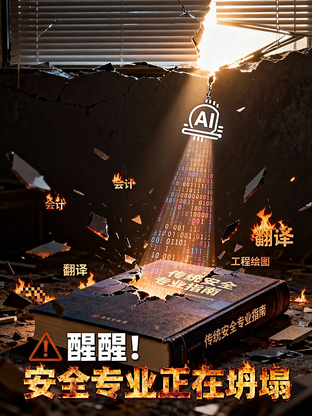 [image-画面中央，一本厚重的、封面印着“传统安全专业指南”的书籍正在从中间被一道炫目的、由数据流和代码（0和1）组成的AI光束击穿、撕裂。书籍的碎片飞溅，在碎片上能隐约看到“会计”、“翻译”、“工程绘图”等字样正在燃烧或像素化消散。光束的来源是一个悬于书上方的、简约而冰冷的AI核心图标（或一只由电路构成的机械手）。背景是破碎的百叶窗，象征旧有认知框架被打破，一束强光从裂缝中射入。整体色调对比强烈，背景暗沉，光束与燃烧处明亮。画面视觉焦点处，采用类似警报字体、带有灼烧边缘效果的立体文字，赫然写着：“醒醒！“安全专业”正在坍塌”。]