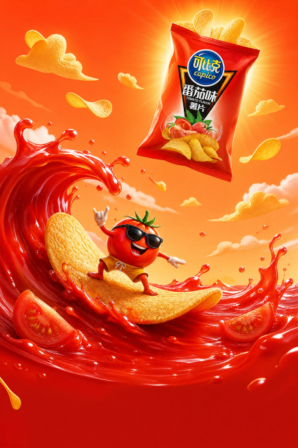 A vibrant poster for "可比克（Compar-Ke） Tomato Flavored Potato Chips". A giant tomato chip acts as a su预览效果