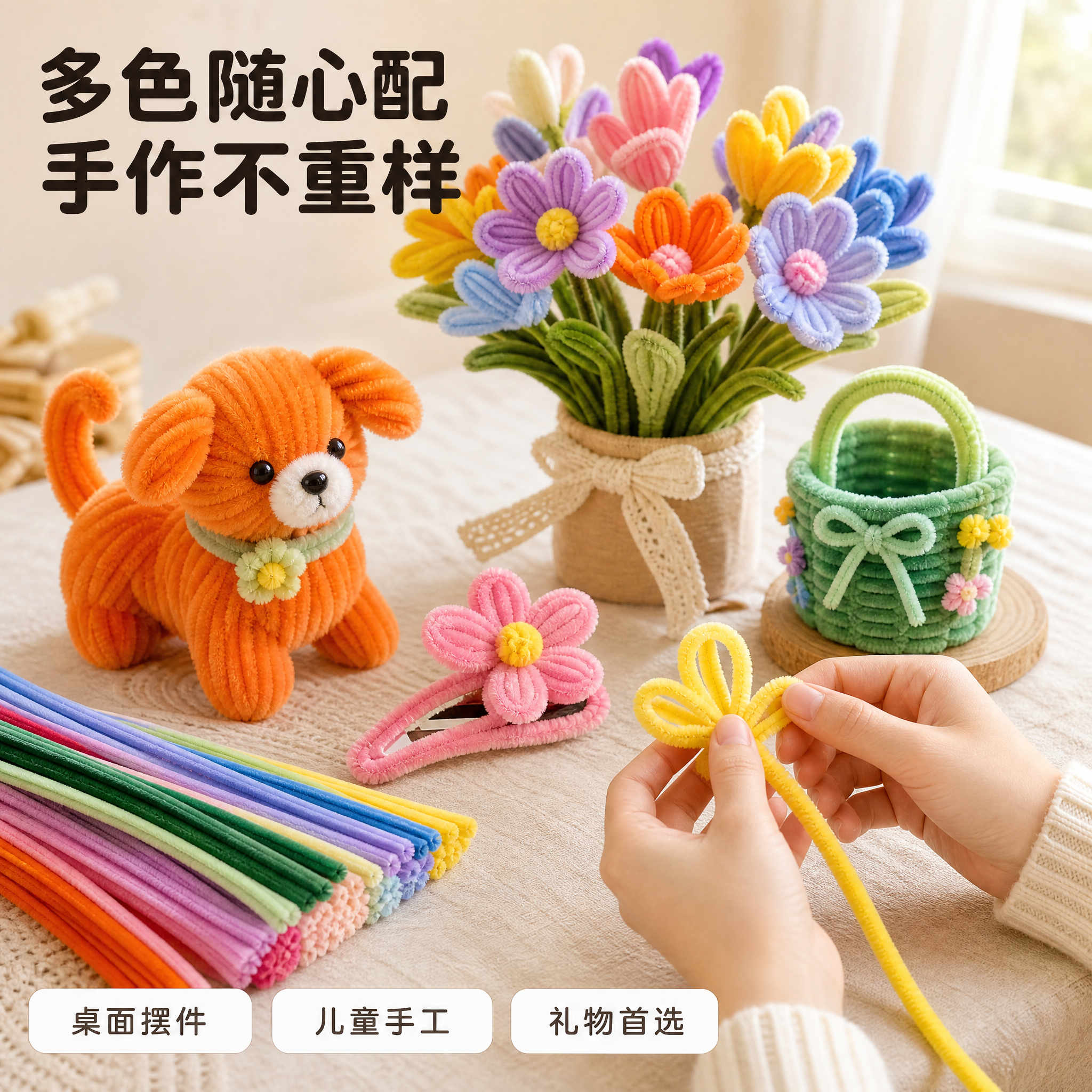 [主图-4] 全色系彩色扭扭棒毛根条。主题为成品效果与使用场景… - 图片创意预览
