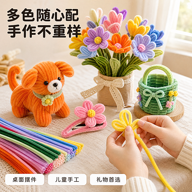 [主图-4] 全色系彩色扭扭棒毛根条。主题为成品效果与使用场景，唯一任务是展示多色扭扭棒能做出的手工作品与场景代入感。
[统一基调] 整体为明亮干净的商品实拍与手作氛围结合；背景主色为浅灰白与暖米白；标题字色为深墨棕黑，辅助文案为中灰棕；强调色沿用产品本身的高饱和多色；字体统一用一种圆润无衬线黑体，仅通过字号大小区分层级；标签为圆角软标签，白底配浅灰细描边，无厚重色块底板、无通栏边框、无多余装饰。
[画面] 明亮居家桌面场景，暖米白桌面上铺浅色棉麻桌布，窗边自然光从右上方洒入；桌面整齐摆放四件扭扭棒成品：一束多色扭扭棒花束、一只橘橙色扭扭棒小动物、一个玫粉色扭扭棒发夹、一个青绿色小篮子摆件，旁边露出一小节彩色扭扭棒原材料；画面右下角出现一只自然的手部局部，中国年轻女性手部，正在把一根明黄色扭扭棒弯成花瓣形状，动作轻柔自然，手指结构正常；产品与成品合计占比约70%。
[光影质感] 暖调自然光，柔和软光，桌面有自然的接触影，成品表面绒毛质感清晰。
[配色] 沿用统一基调，环境色为暖米白与浅棉麻，成品颜色与产品色系一致。
[文字版式] 画面左上方放主标题文字“多色随心配 手作不重样”，使用统一圆润黑体，字号最大最粗，横排；画面下方并排三个圆角软标签，文字为“桌面摆件”“儿童手工”“礼物首选”，字号缩小约50%，不遮挡成品与手部。
[输出要求] 1:1 方形，成品清晰，手部自然无畸形、无多余手指、无穿模，无变形、无错字、无模糊、无杂乱背景、无水印、无平台Logo。