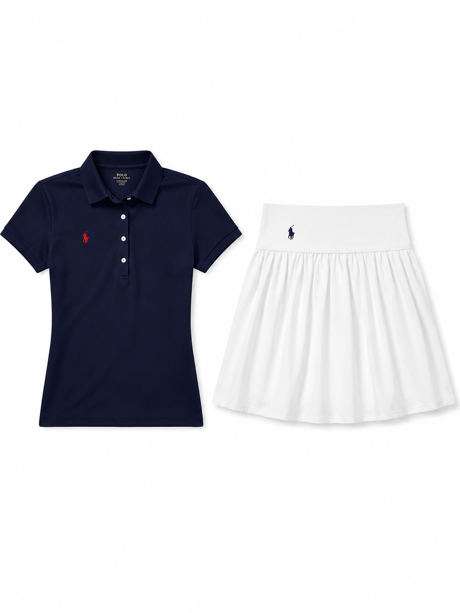将图中的服装拆分为两件平铺展示，左侧是藏蓝色短袖polo衫（左… - 图片创意预览