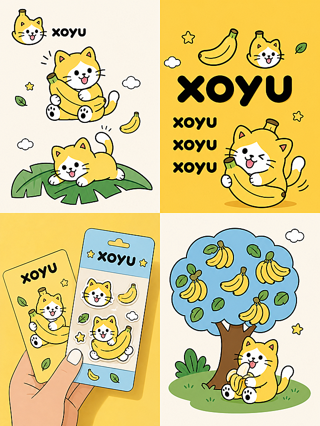 参考第二张图的拼贴式四宫格品牌物料展示布局，将所有小狗、苹果、红底元素全部替换为xoyu香蕉小猫IP体系。2D扁平童趣涂鸦插画，粗黑色轮廓线，大色块平涂，无渐变，无复杂阴影。主色使用暖香蕉黄、奶油白、浅蓝色、嫩绿色和少量红色点缀。

文字严格规则：画面中只允许出现清晰正确的品牌文字"xoyu"，不允许出现任何其他文字、中文、乱码、错别字、无意义字母、反向文字、多余符号、slogan小字、说明文字、标签文字、排版样本文字。所有原本应该出现小字的位置，全部使用小图标、小香蕉、小叶子、小云朵、小星星来替代。品牌名"xoyu"必须清晰可读，字母顺序正确，不能变形，不能缺笔画。

页面上半部分左右两块：
左侧（米白色背景区域）：展示香蕉小猫IP角色设定。放两只不同动态的香蕉小猫，小猫主体为奶油白脸蛋和浅黄色身体，圆脸大眼睛，表情软萌，不要头顶香蕉瓣。一只小猫抱着香蕉坐着，另一只小猫趴在香蕉叶上玩耍，旁边点缀小香蕉、小叶子、小云朵图标。左上角放小号xoyu头像logo和品牌字样"xoyu"。
右侧（暖黄色背景区域）：展示品牌logo组合。中间放大品牌文字"xoyu"，圆润粗体无衬线字体，字形可爱清晰。旁边加入香蕉图形logo、香蕉小猫头像logo、重复排列的品牌字样"xoyu xoyu xoyu"，形成logo视觉系统。右侧放一个简化的香蕉小猫抱着大香蕉的图形。

页面下半部分左右两块：
左下角：手拿卡片/贴纸包装展示，卡片为浅黄色和浅蓝色组合，印有香蕉小猫、小香蕉图案和品牌字样"xoyu"。
右下角：香蕉树品牌图形插画，蓝色圆形树冠上结满黄色香蕉，树下有一只香蕉小猫坐着吃香蕉，整体童趣可爱扁平统一。

不要保留原图中的小狗、苹果、红底狗元素，不要复制原图角色造型，不要写实，不要3D，不要复杂光影。