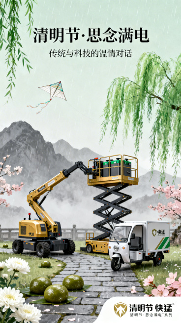 清明节主题海报，画面包含快猛电池，曲臂车、剪叉车和电动三轮车，整体宁静温润略带诗意。主色调为青绿色春意、烟灰色追思、暖金色温情，点缀白色菊花和淡粉色杏花。融入柳枝、杏花、纸鸢、青团、菊花、烟雨等清明传预览效果
