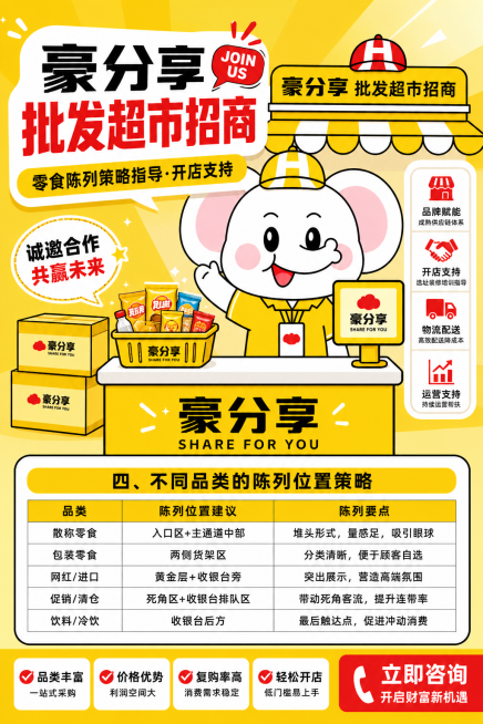 参考图中大象形象，保持大象皮肤颜色自然，将大象衣服改为黄色，整体以黄色为主题，添加文案表格内容：'四、不同品类的陈列位置策略 品类 陈列位置建议 陈列要点 散称零食 入口区+主通道中部 堆头形式，量感预览效果