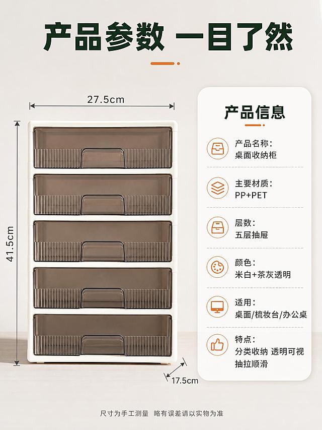 [商品] 使用【图2】正面五层收纳柜；保留五层结构、米白色柜体、茶灰色透明抽屉、竖纹加强筋；正面展示用于尺寸标注。
[画面] 第11张·规格参数页，目标是提供尺寸和产品信息辅助决策。左右分栏构图，左侧约55%为产品正面图+尺寸标注，右侧约45%为参数信息卡。左侧：收纳柜正面放置在浅灰色背景上，四周用细线和箭头标注尺寸：顶部横向箭头标宽度，左侧纵向箭头标高度，底部前后方向标深度。右侧：白色圆角信息卡，列出产品参数，卡内信息清晰排版。整体干净专业，信息易读。
[视觉] 套系策略：风格=暖白家居质感商业摄影；标题字=现代无衬线粗黑体；正文字=简洁无衬线体；主色=米白+原木浅棕；背景延展=基于米白做深浅渐变、柔光层次和家居场景质感；强调色=暖橙色，仅用于小面积图标、引线、标签和重点数字；标题色=深墨绿色；正文色=深灰色；组件=圆角浅底信息卡、细线引线、暖橙小图标；光影=正面均匀棚拍光，产品清晰。
[文字] 顶部通栏主标题"产品参数 一目了然"，大号深墨绿色粗体；左侧尺寸标注数字为深灰色中号字；右侧信息卡标题"产品信息"深墨绿色粗体，下面参数项为深灰色常规字，包括：产品名称：桌面收纳柜、主要材质：PP+PET、层数：五层抽屉、颜色：米白+茶灰透明、适用：桌面/梳妆台/办公桌、特点：分类收纳 透明可视 抽拉顺滑。底部一行小字"尺寸为手工测量 略有误差请以实物为准"，深灰色小字。所有文字横排。
[规格] 图片比例3:4竖版，4K高清。负向：变形、错字、模糊、尺寸标注混乱、信息杂乱、水印、平台Logo。