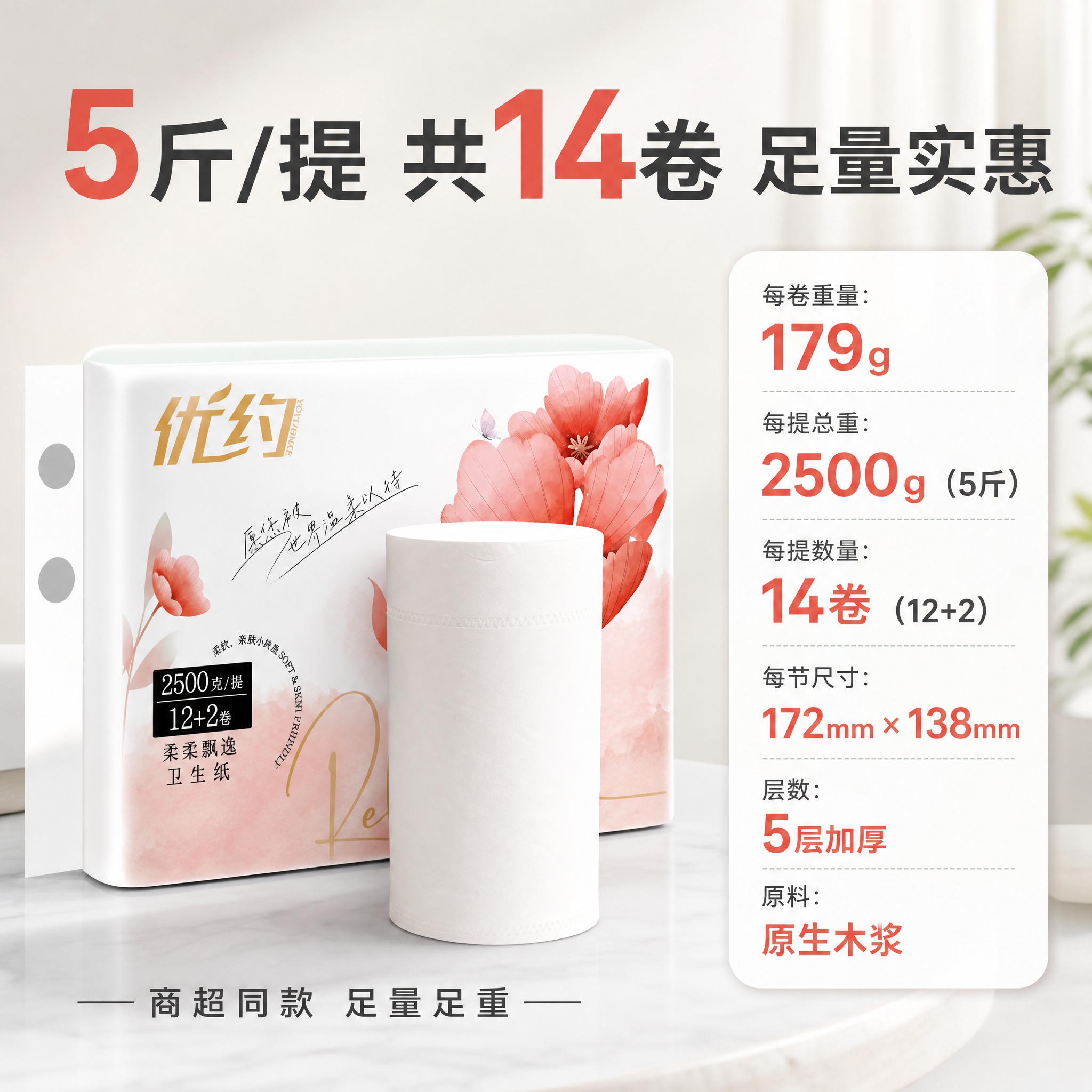 [主图-5] 规格参数 5斤/提共14卷。清晰展示产品规格、尺… - 图片创意预览